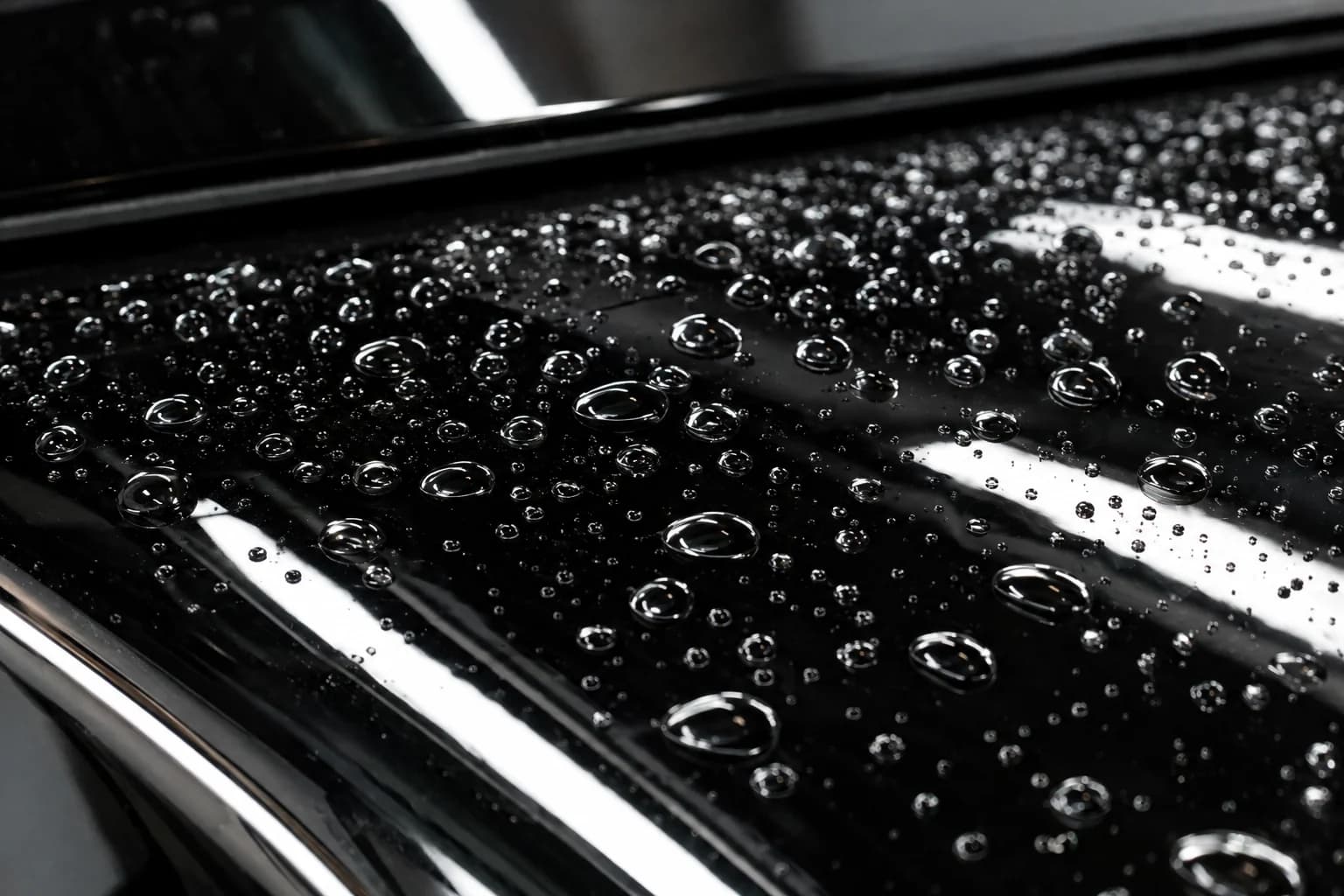 Water beading across a glossy dark body panel