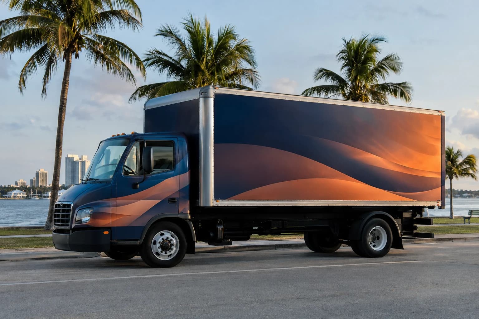 Geometric wrap direction across a commercial box truck