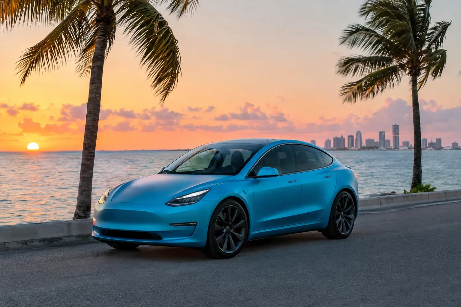 Blue satin finish concept on an electric sedan