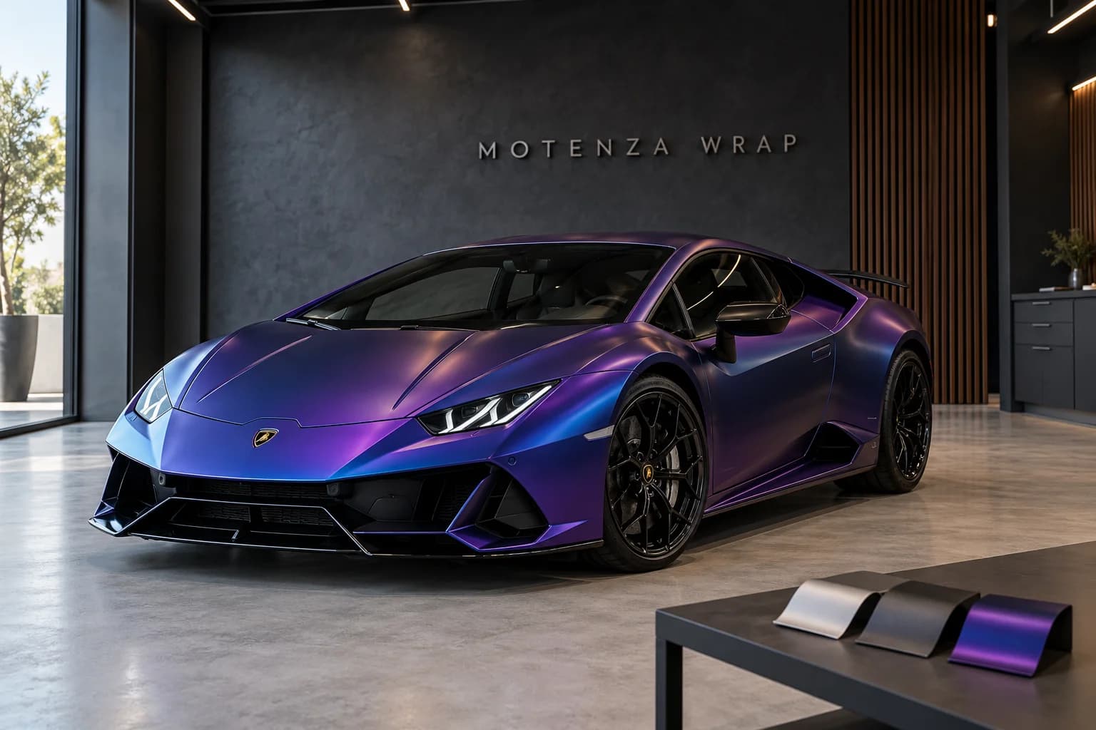 Violet-blue Lamborghini Huracán with color-shift film samples