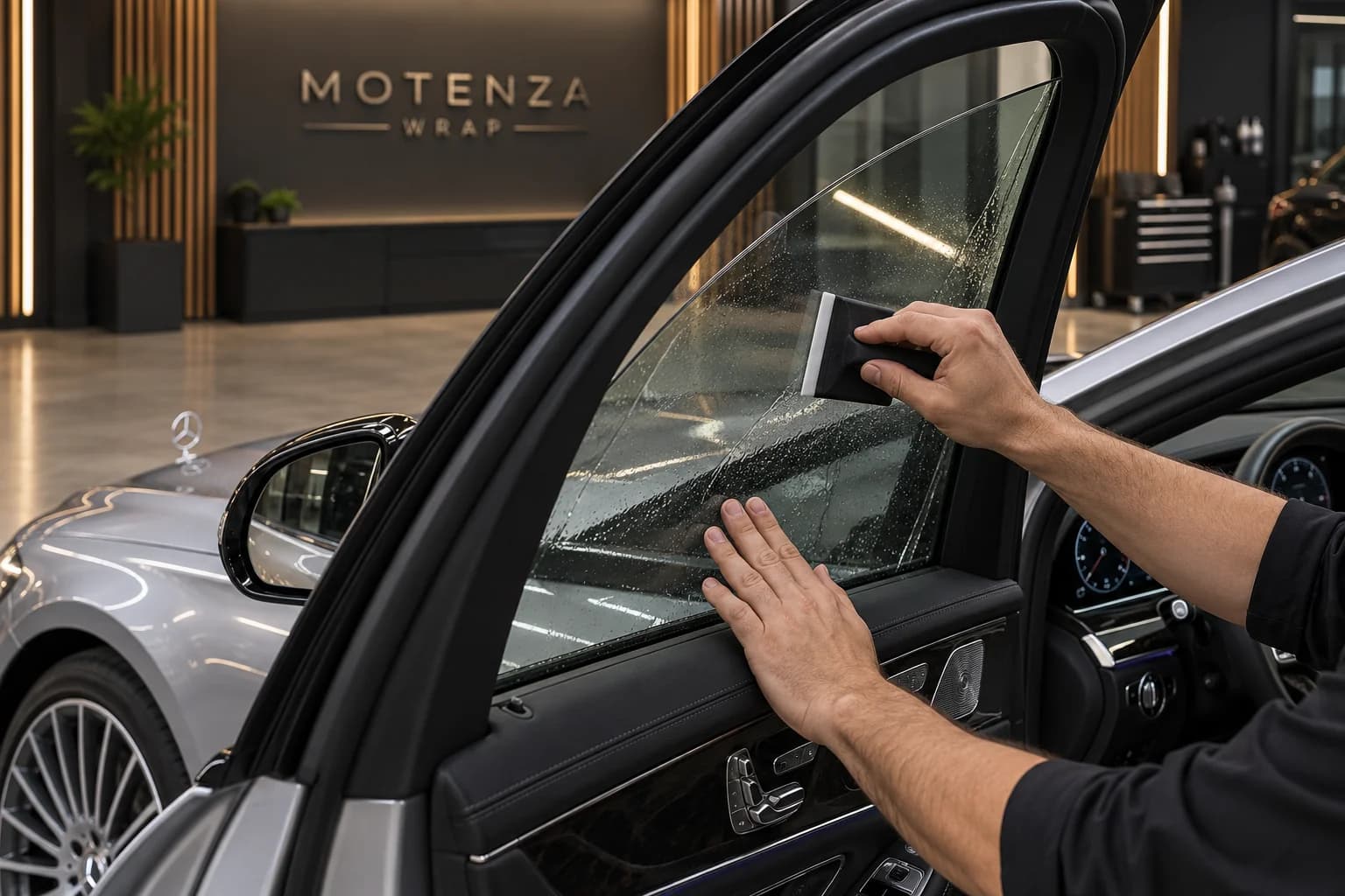 Instalación de película en la ventana de un Mercedes-Benz plateado