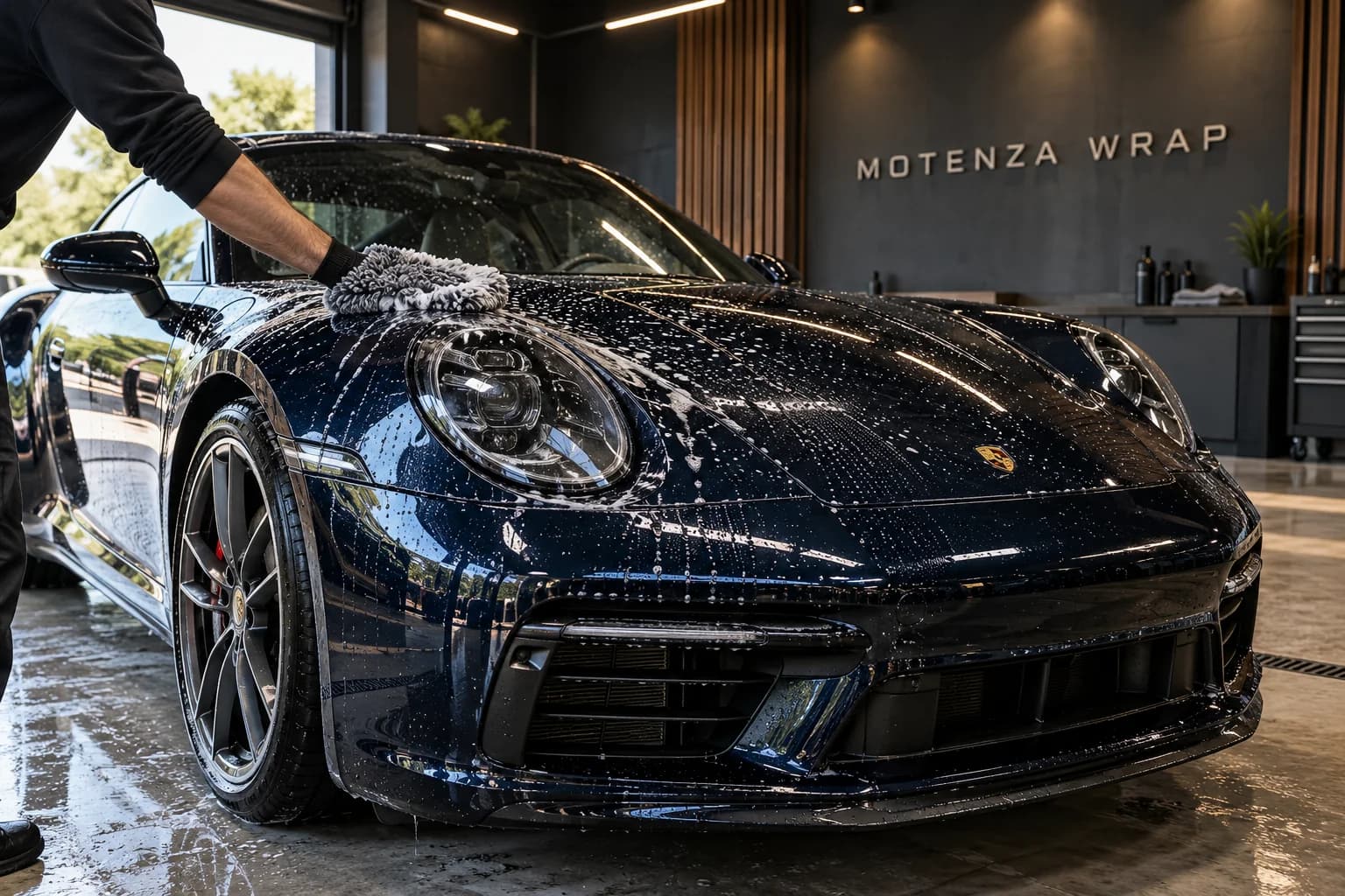 Gentle hand washing of a navy Porsche 911 with a microfiber mitt