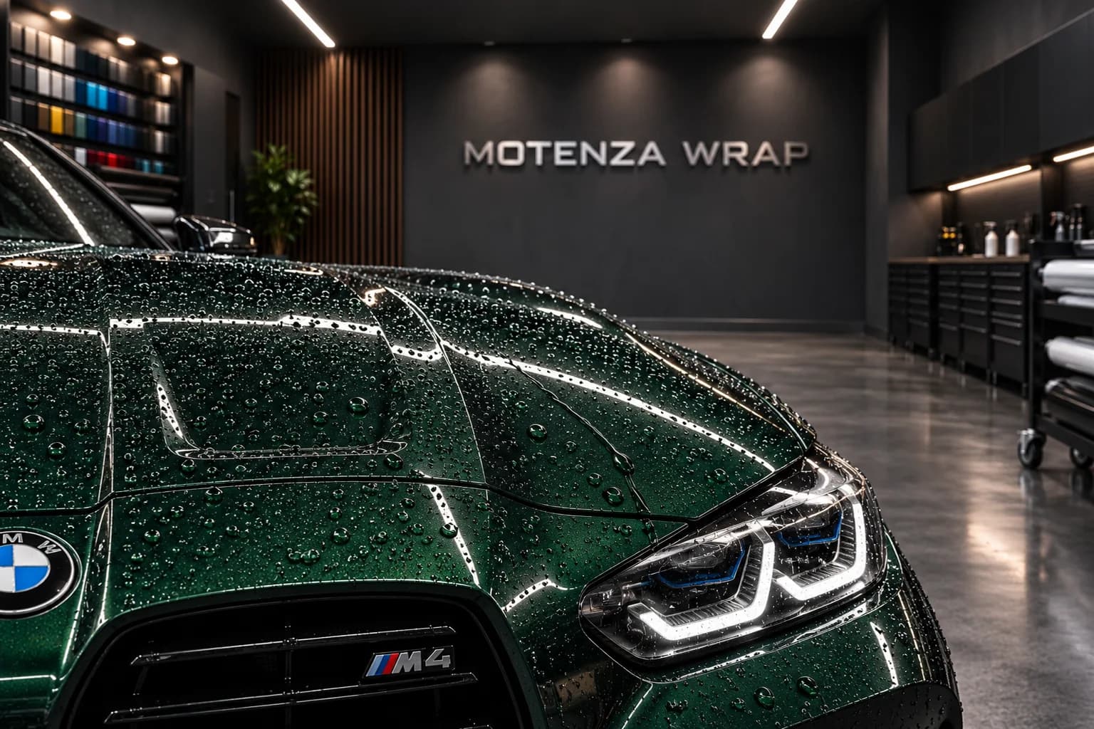 Water beading on a deep-green BMW M4 hood and headlight
