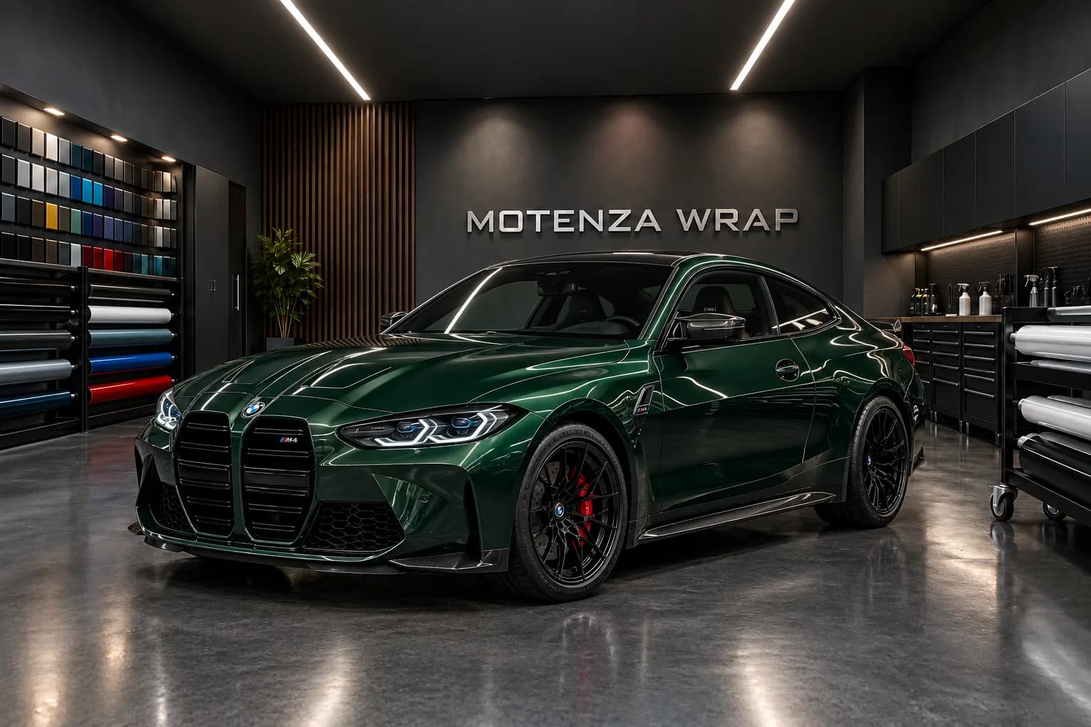 BMW M4 em verde-escuro brilhante, vista dianteira