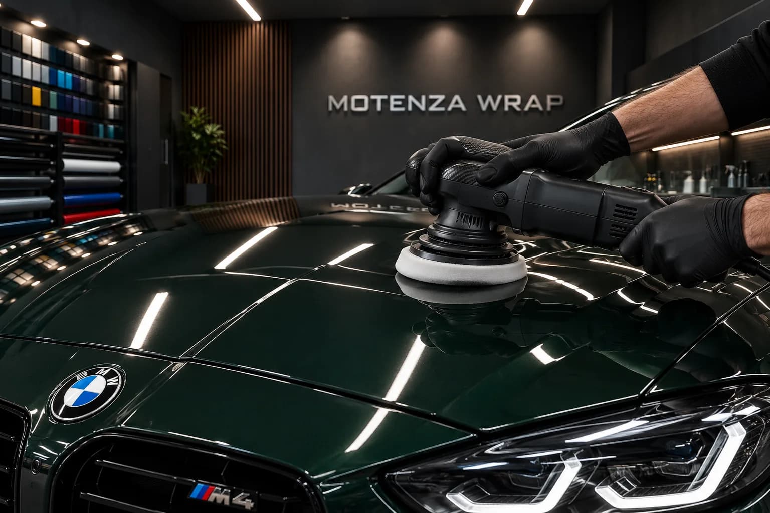 Lucidatura del cofano verde scuro di una BMW M4 con lucidatrice orbitale e tampone in spugna