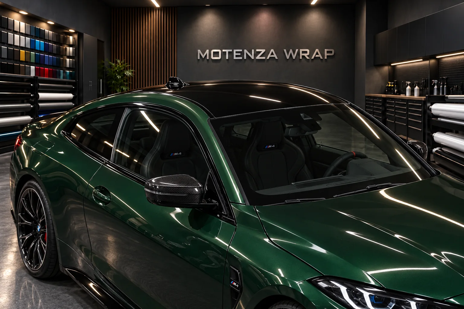 Techo negro brillante y espejo efecto carbono de un BMW verde oscuro