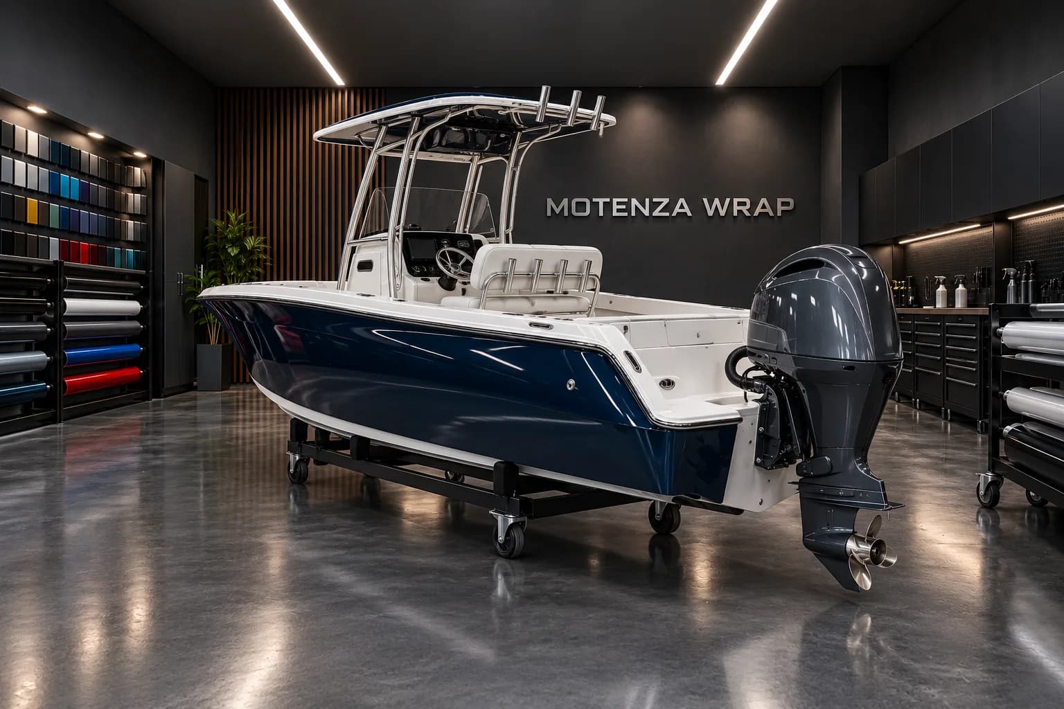 Scafo blu navy, coperta bianca e motore fuoribordo, vista di poppa
