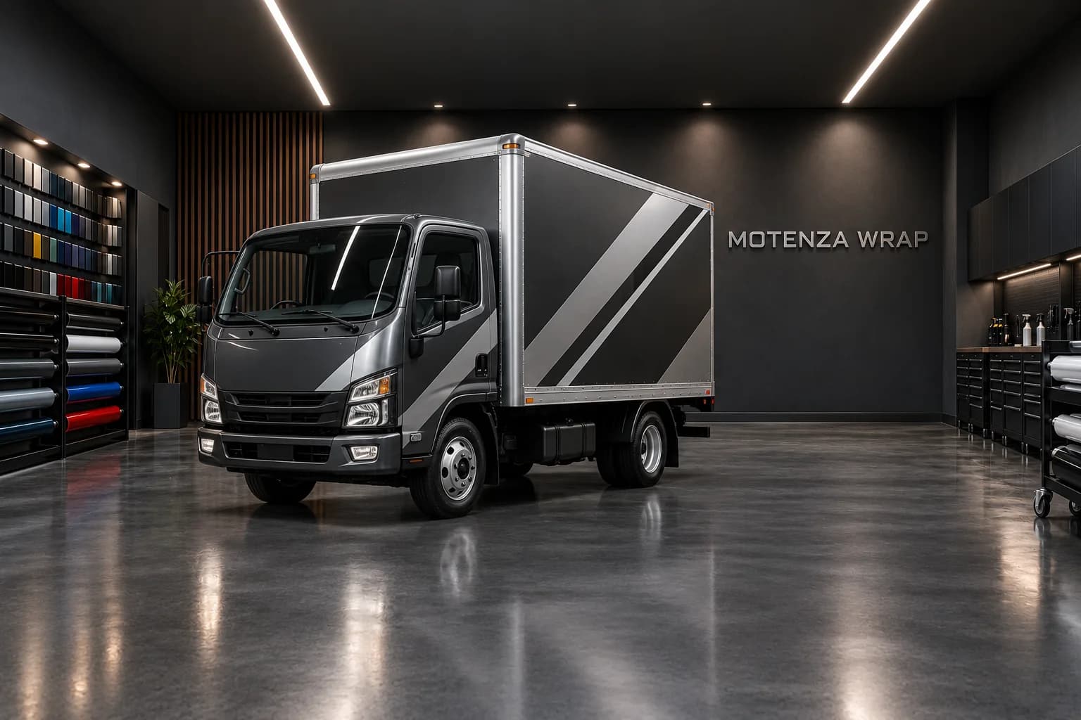 Graphite box truck with silver commercial wrap graphics, front view