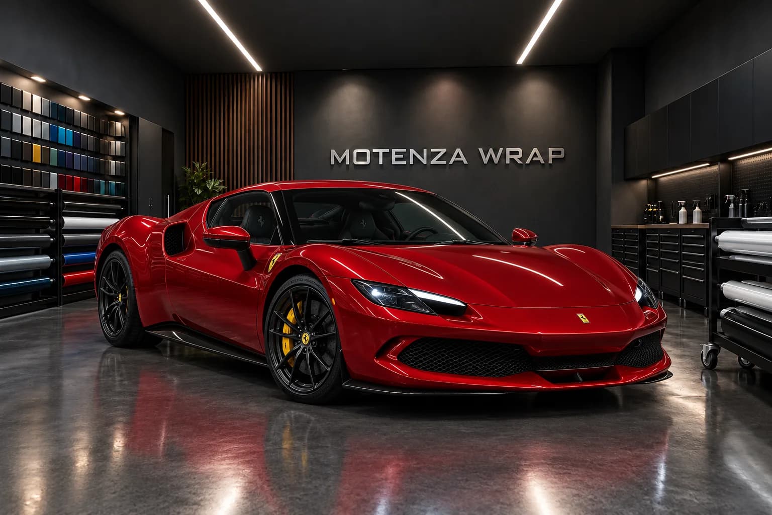 Красный глянцевый Ferrari, вид спереди в три четверти
