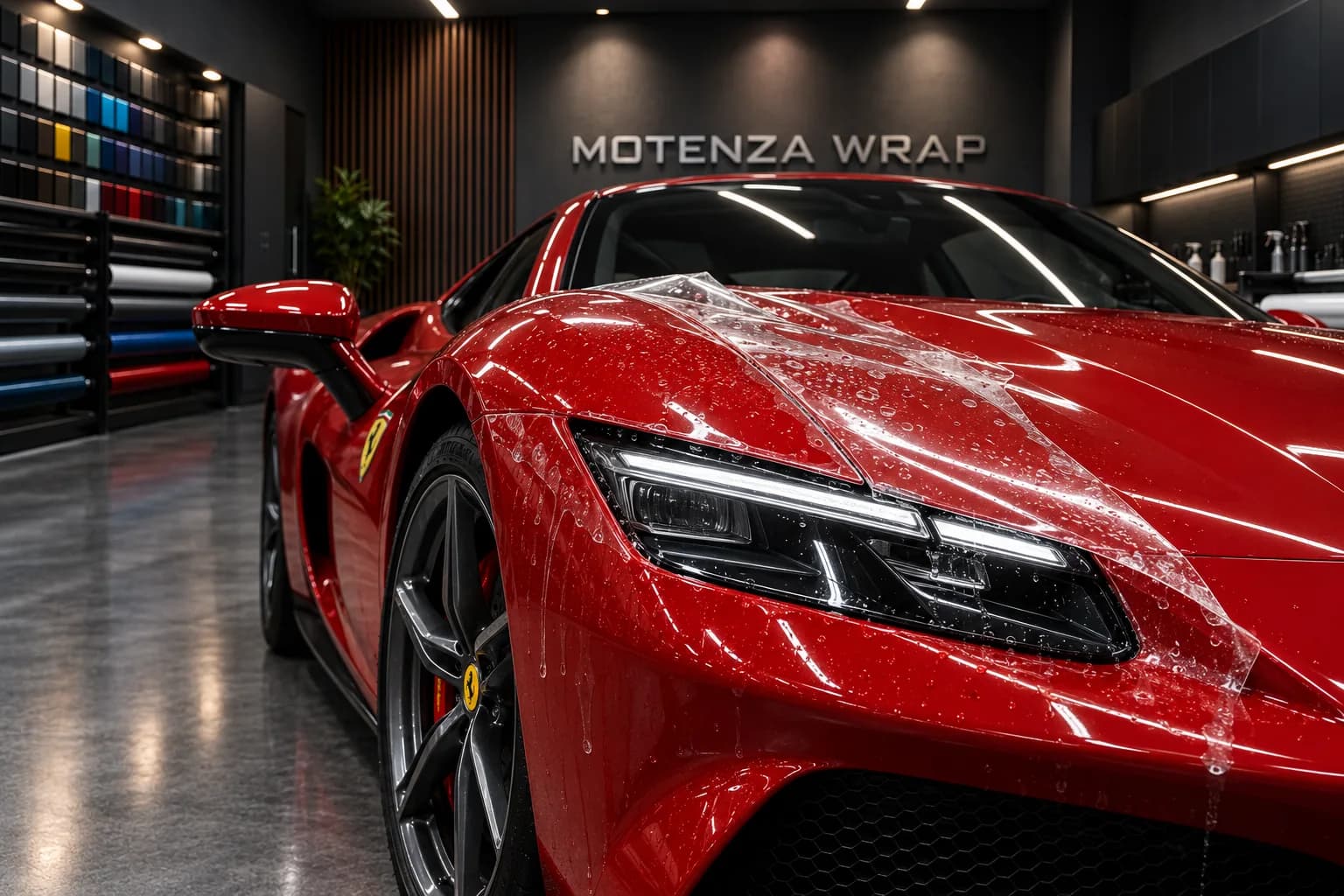 Pellicola protettiva PPF trasparente sul parafango anteriore di una Ferrari rossa