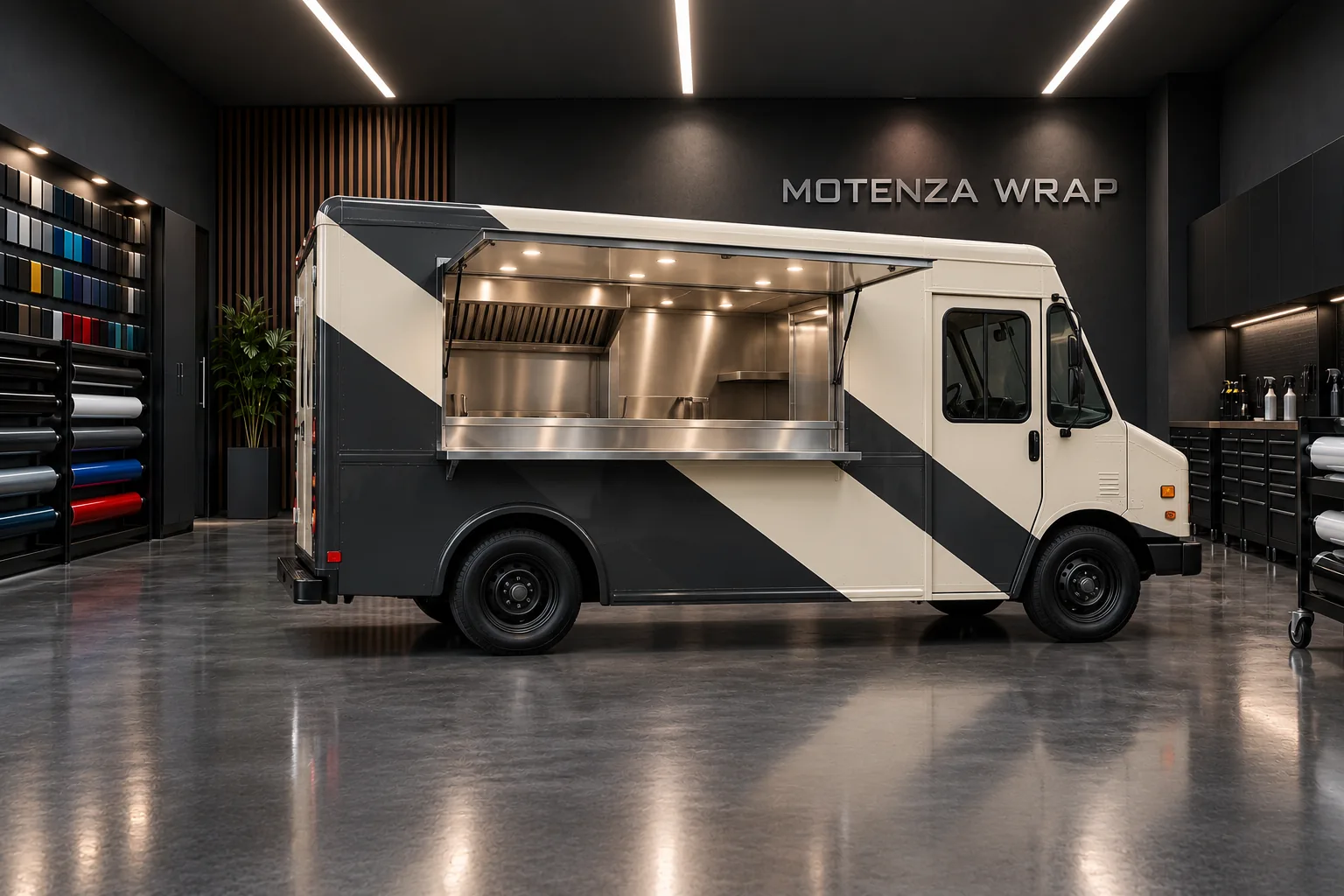 Gráfica de vinilo de food truck alrededor de la ventanilla y el mostrador de acero