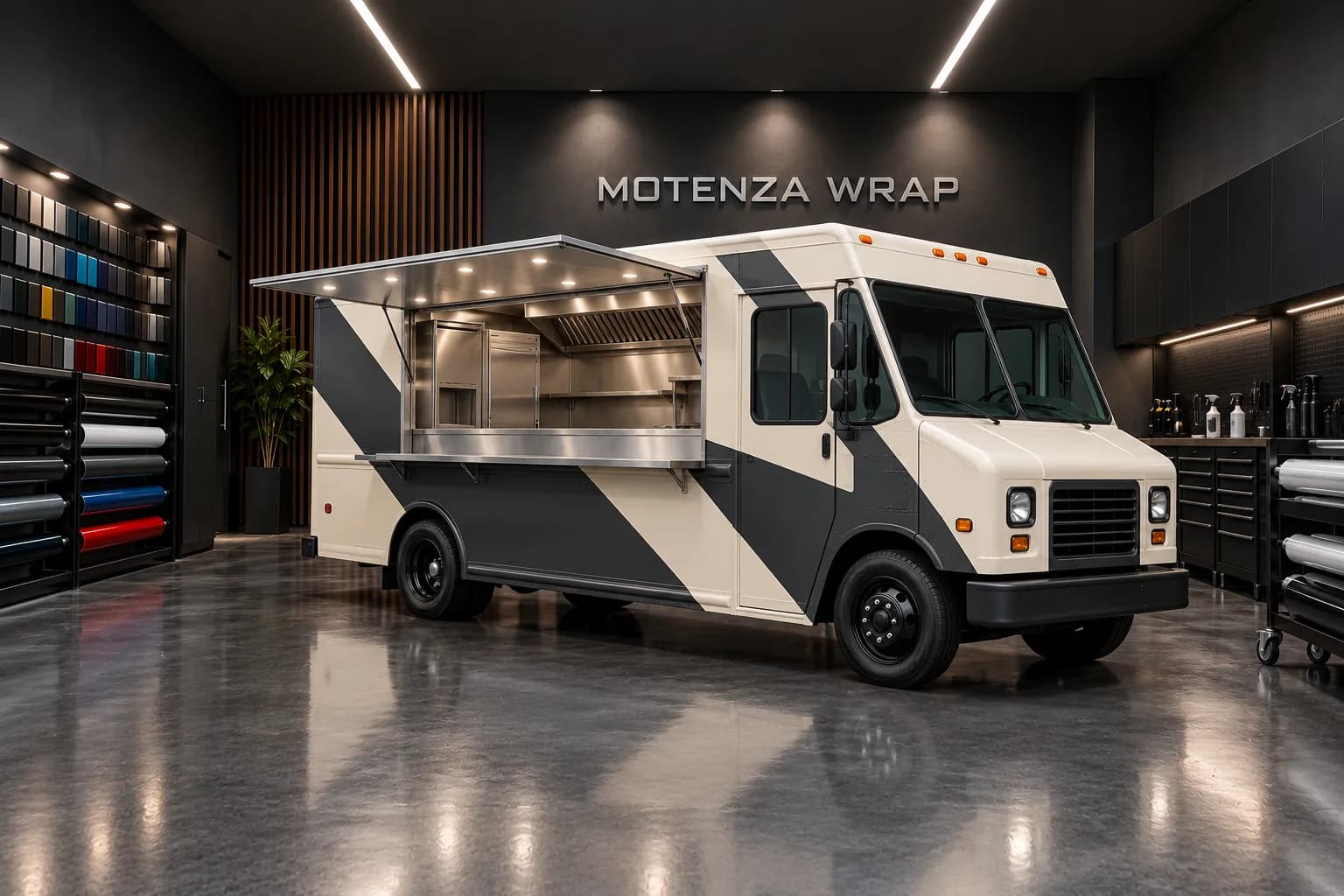 Food truck rotulado en crema y grafito con ventanilla de servicio abierta