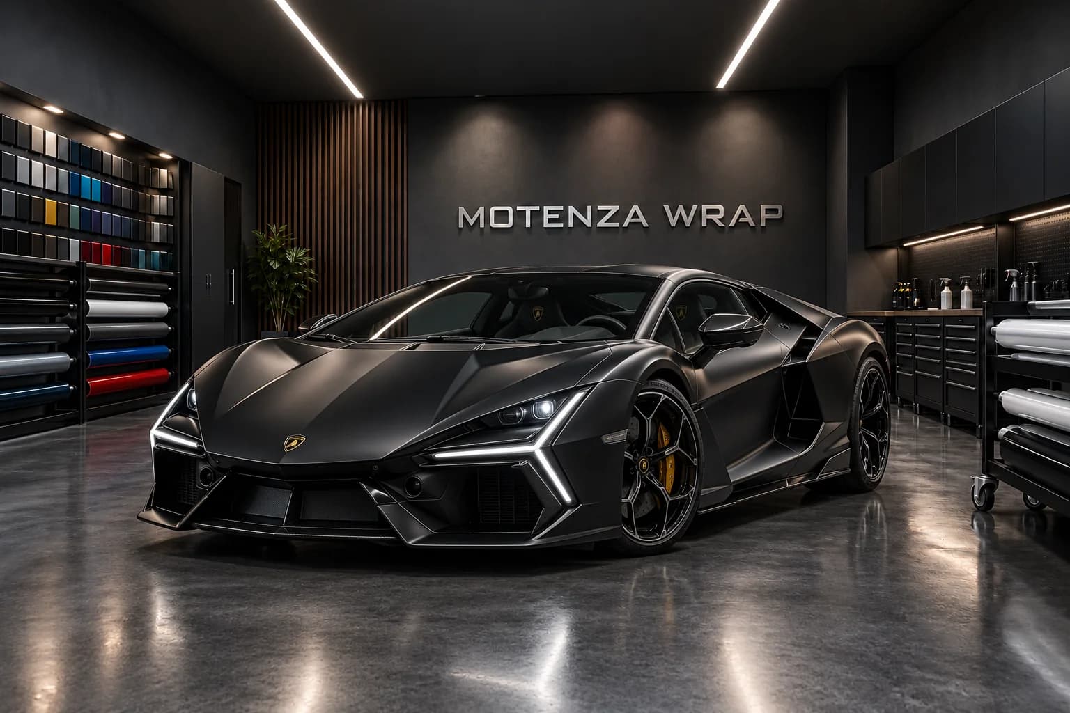 Satin-black Lamborghini supercar under linear workshop lighting