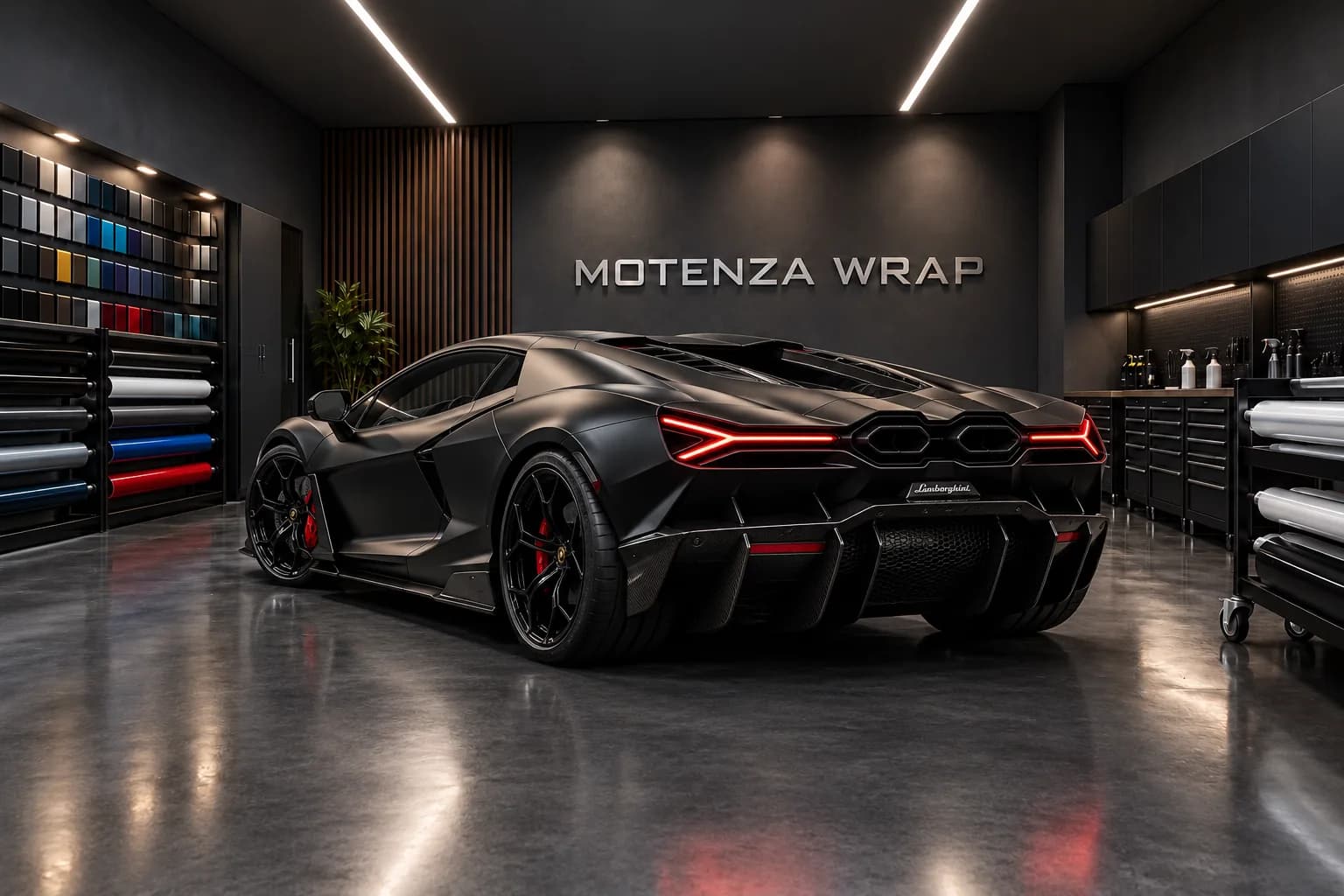 Satin-black Lamborghini supercar, rear bodywork and diffuser