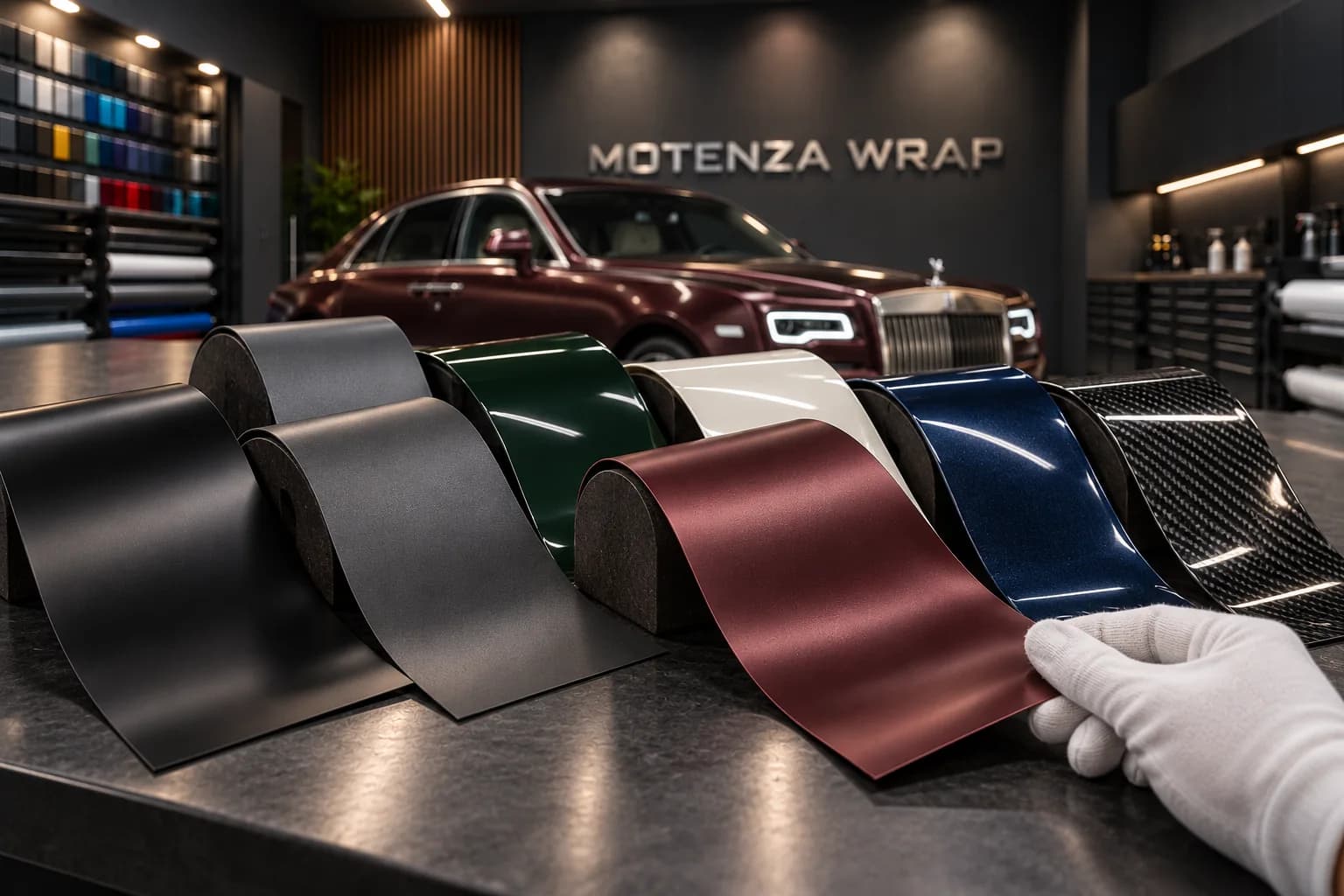 Curved vinyl samples in matte, satin, gloss, pearl and carbon-look finishes