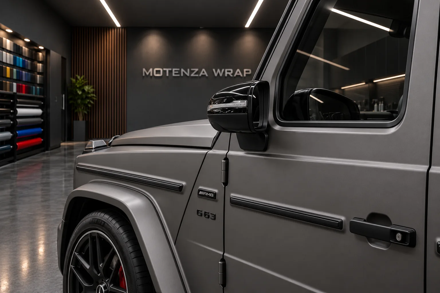 Espejo negro, molduras oscuras y cristal tintado de un Mercedes-Benz Clase G