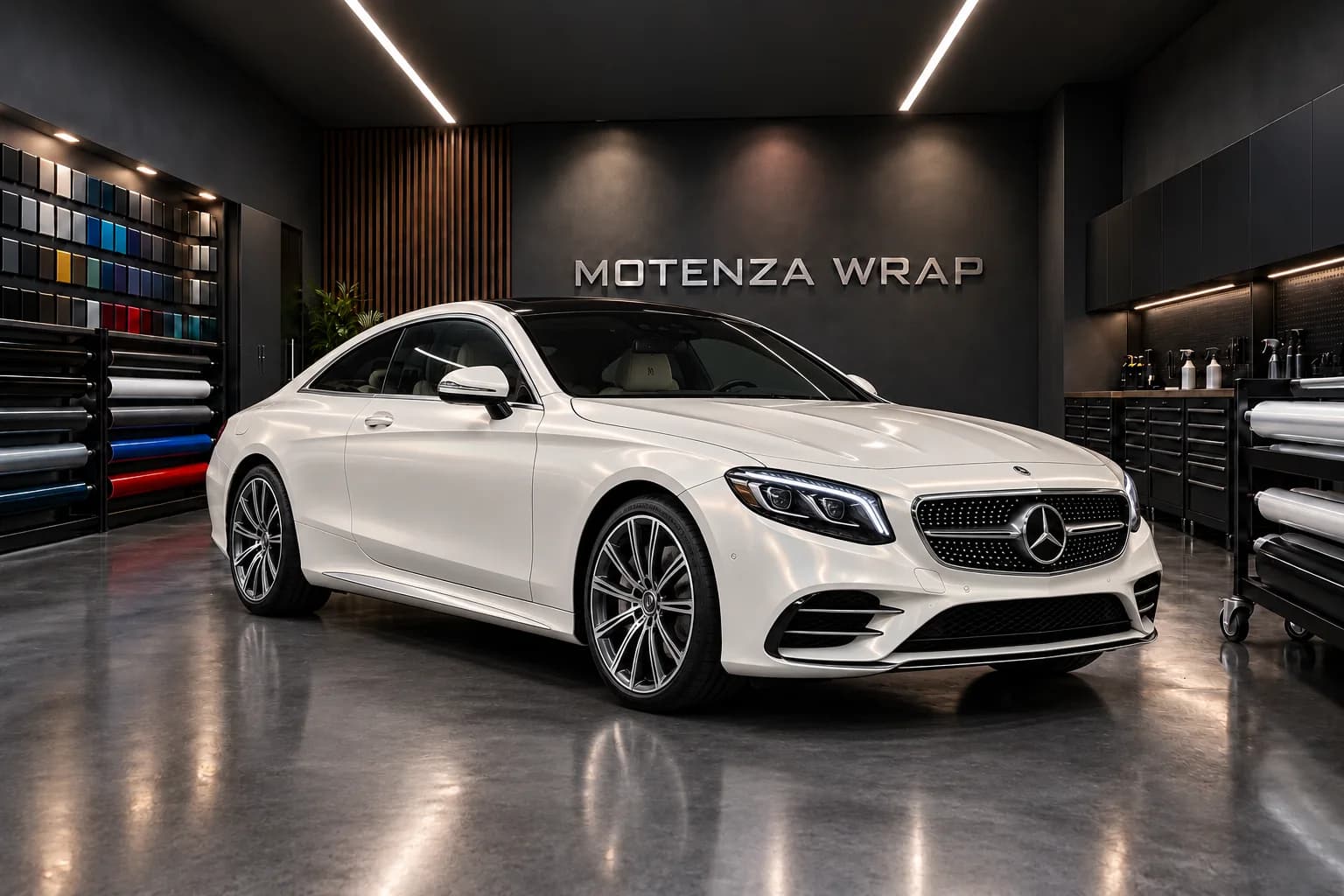 Coupé di lusso bianco perlato con riflessi morbidi in studio