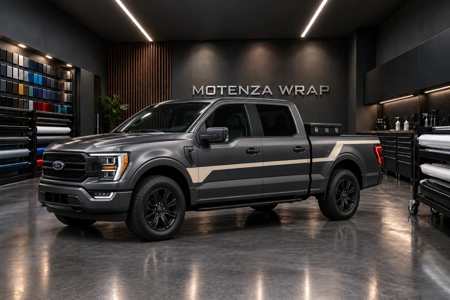 Graphite Ford pickup with cream vinyl accents and a bed toolbox