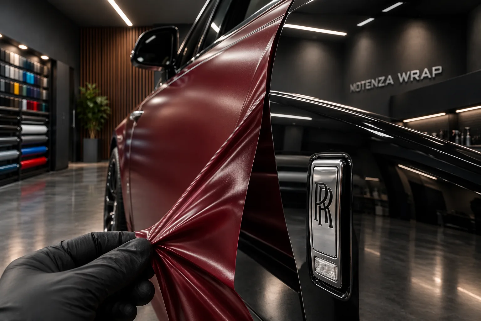 Detalle del borde de vinilo durante su retirada de una puerta de Rolls-Royce