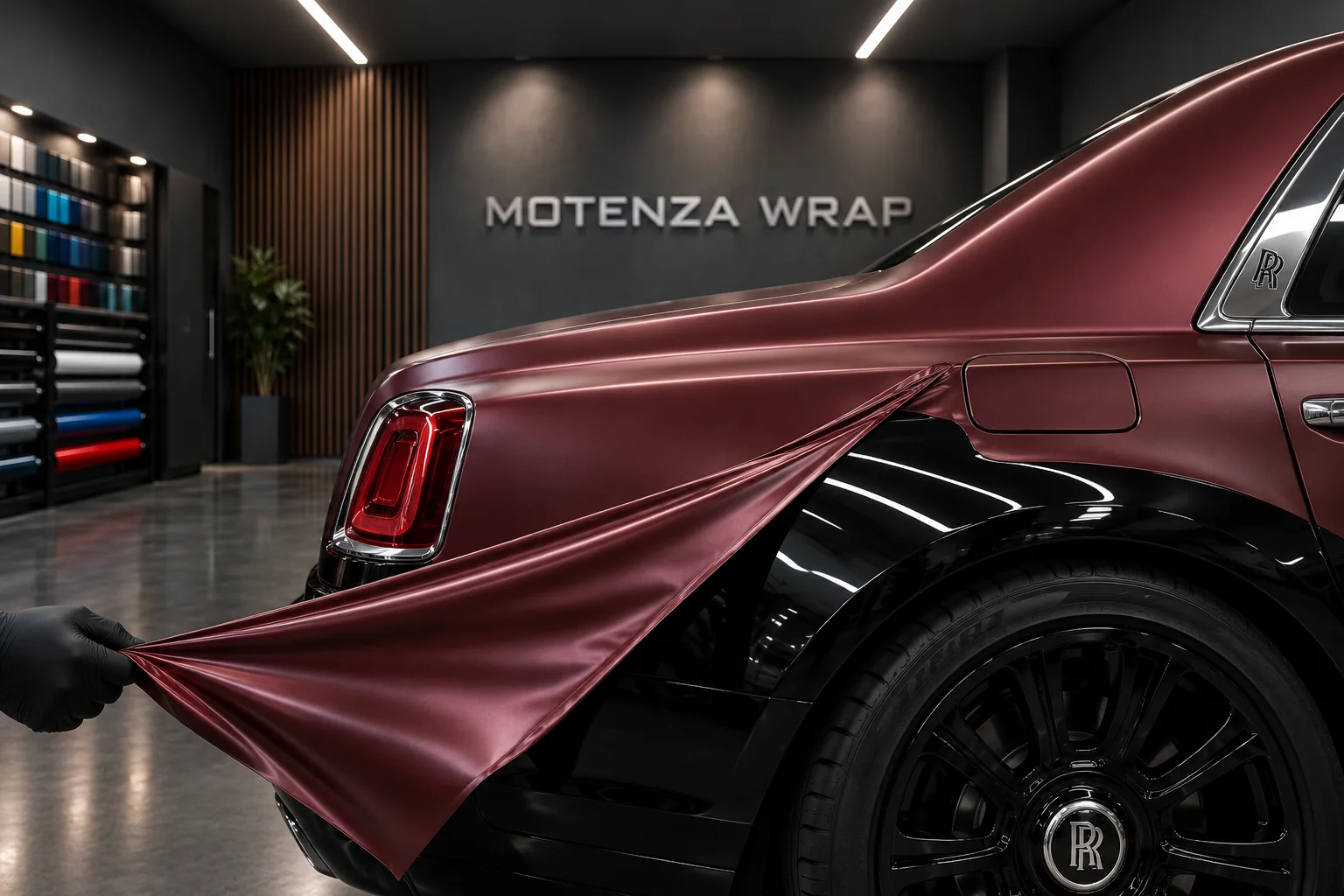 Burgundy vinyl wrap lifted from a gloss-black Rolls-Royce rear quarter panel