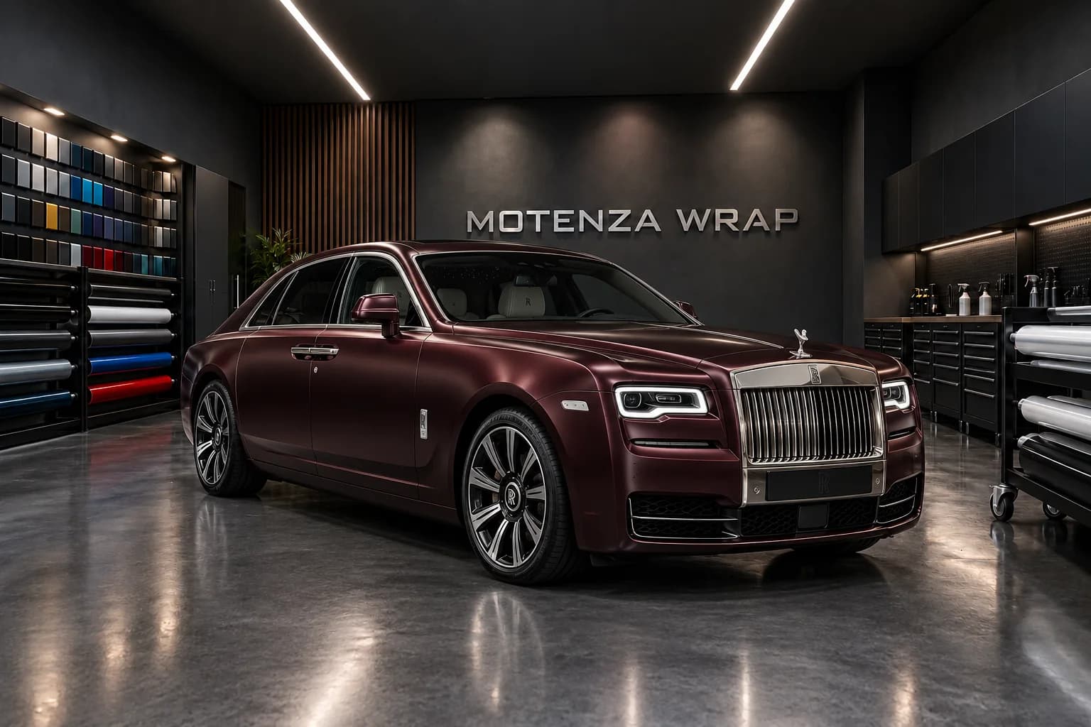 Rolls-Royce in satinato bordeaux, vista anteriore di tre quarti