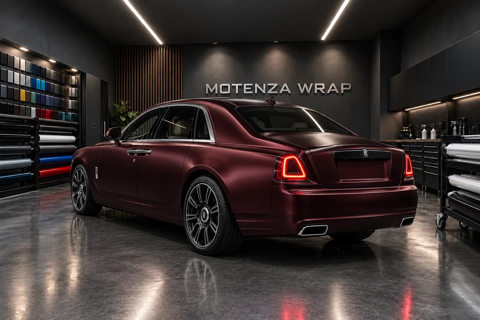 Burgundy satin Rolls-Royce sedan, rear three-quarter view