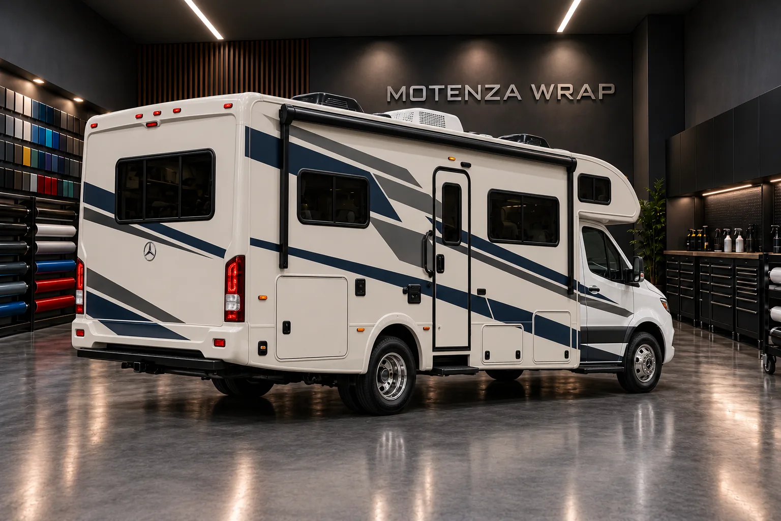 Motorhome rear quarter with vinyl bands, windows and access doors