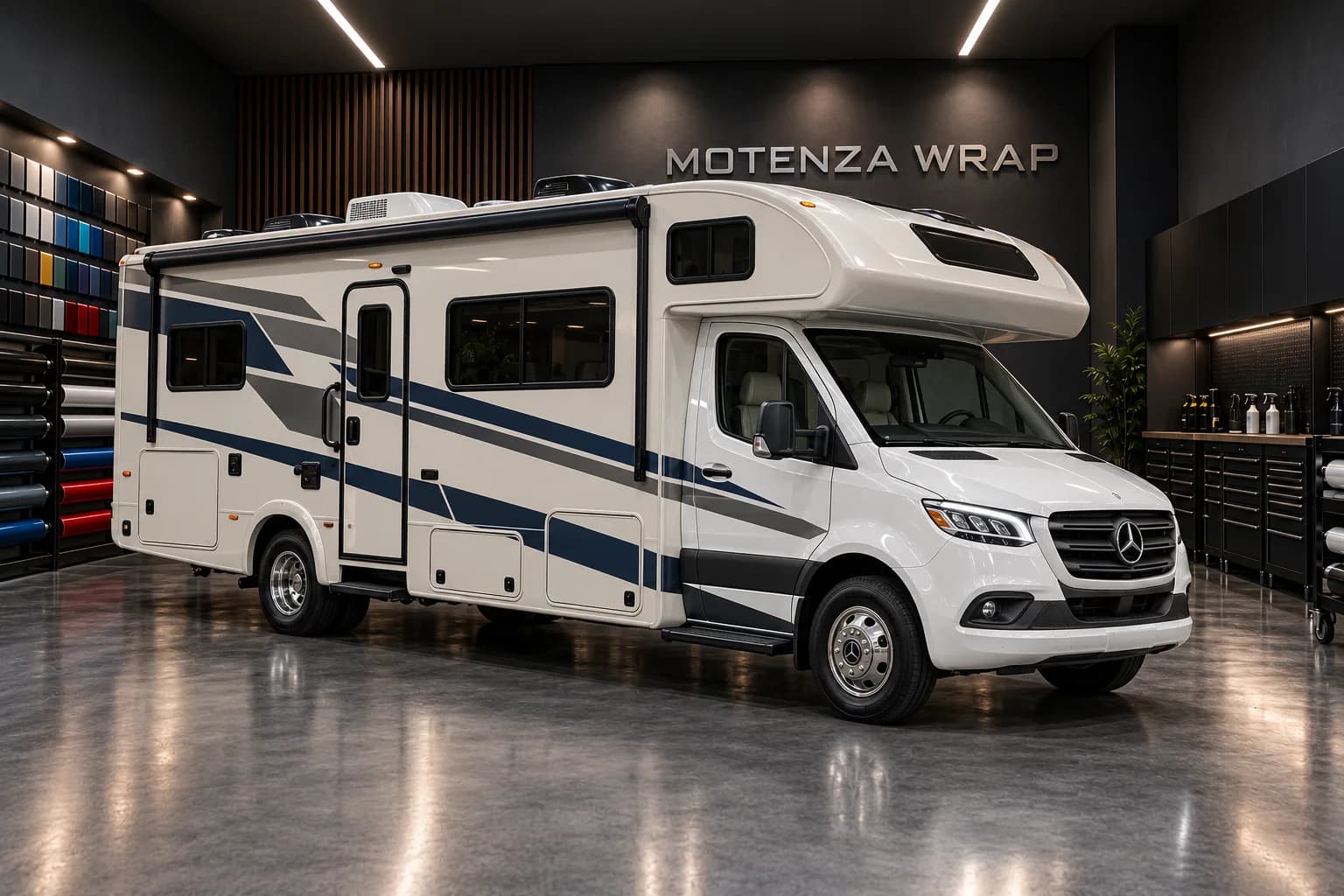 Cream motorhome with graphite and blue graphics, front and side view