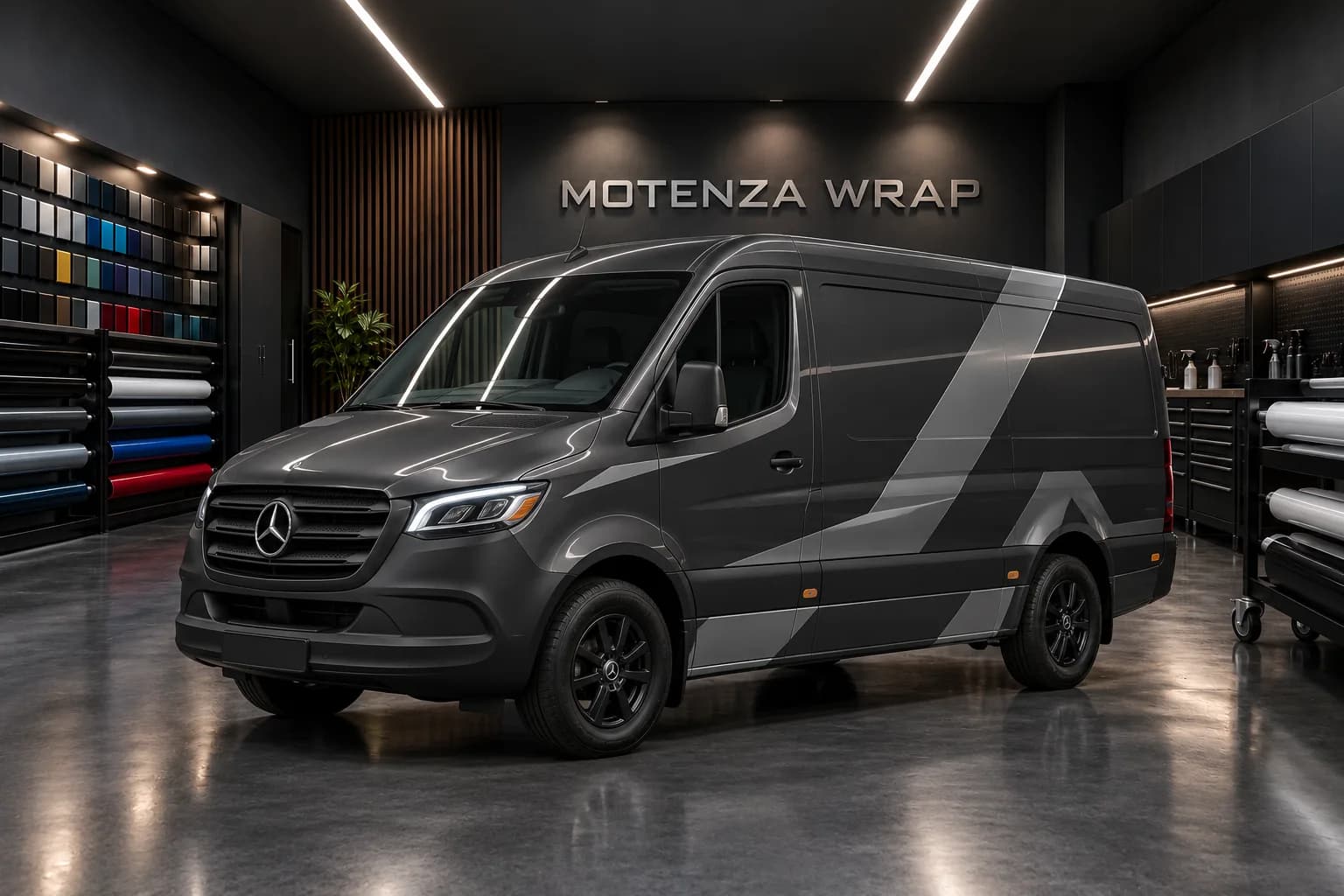 Graphite Mercedes-Benz Sprinter with silver geometric wrap graphics