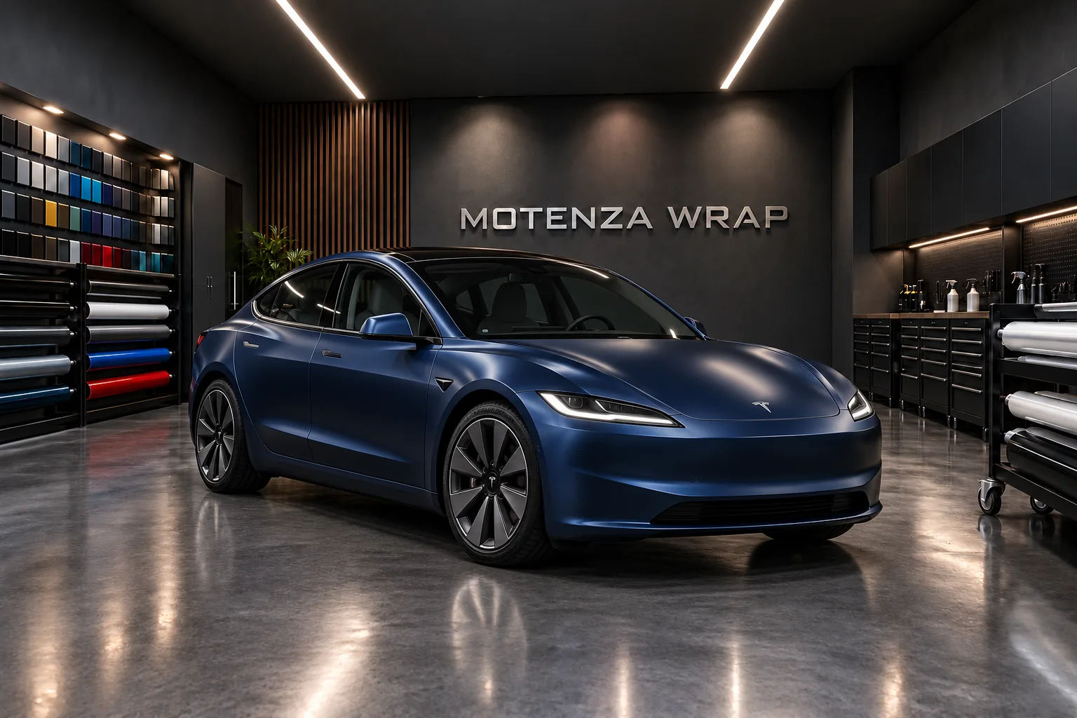 Tesla Model 3 azul medianoche satinado, vista delantera de tres cuartos