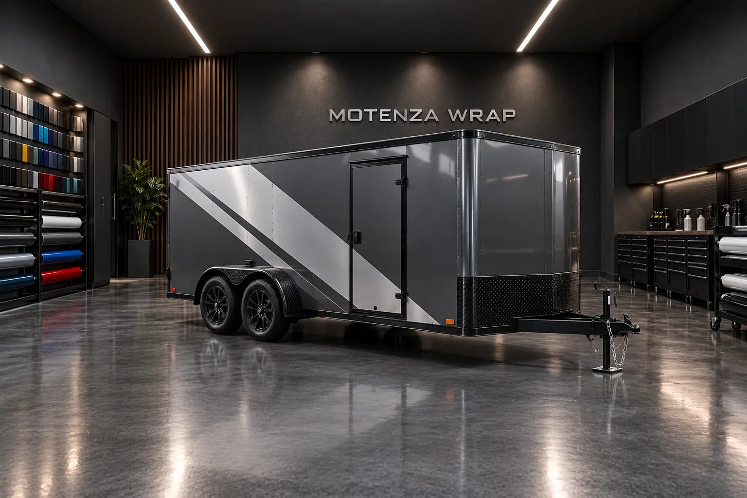 Graphite enclosed twin-axle trailer with silver vinyl graphics
