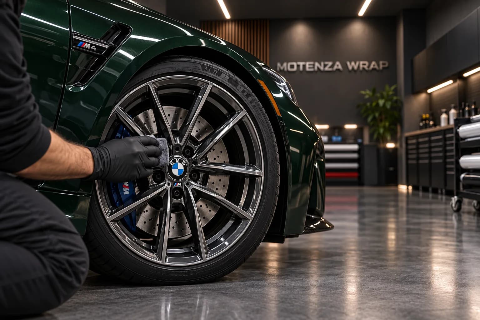 Microfiber applicator on a graphite BMW alloy wheel